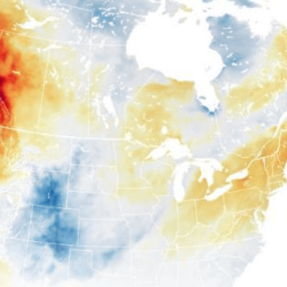 NASA Earth Observatory image of temperature anomalies on June 27th , 2021 compared to 2014-2020 average for the same day during the 2021 western North America heat wave by NASA Earth Observatory / Josh Stevens